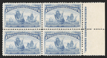 233, 4c Columbian, right sheet-margin American Bank Note Company imprint block of four, post office fresh, o.g., n.h., very fine.