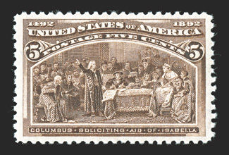 234, 5c Columbian, exceedingly well centered within very large margins, strong rich color, o.g., just a faint suggestion of a hinge mark (if at all), extremely fine 2004 PSE
certificate (never hinged) and a 2009 PSE certificate (XF-Superb 95