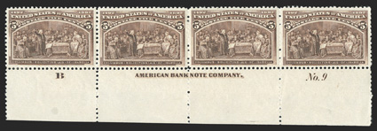 234, 5c Columbian, handsome bottom sheet-margin imprint, letter B and plate No. 9 strip of four, excellent centering throughout, strong and intact perforations, o.g., h.r.,
extremely fine.