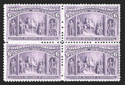 235, 6c Columbian, mint block of four, very well centered, bright fresh color, o.g., n.h., certificate mentions a couple short perfs. at right, very fine-extremely fine 2010
PSE certificate.