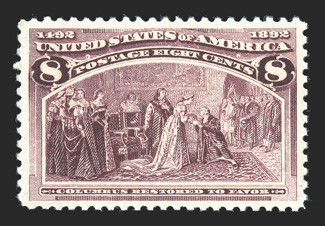 236, 8c Columbian, a most impressive mint single, marvelously well centered within large margins, deep luxuriant color and a well defined impression, o.g., n.h., an extremely
fine gem 2007 PSE certificate (XF-Superb 95 SMQ $1,000.00).