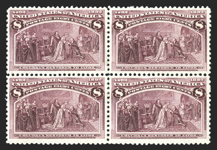 236, 8c Columbian, mint block of four, excellent centering, sumptuously rich color, o.g., very fine-extremely fine.