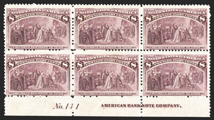 236, 8c Columbian, bottom sheet-margin imprint and plate No. 131 block of six, fresh and intact, o.g., faintly hinged in selvage, very good.