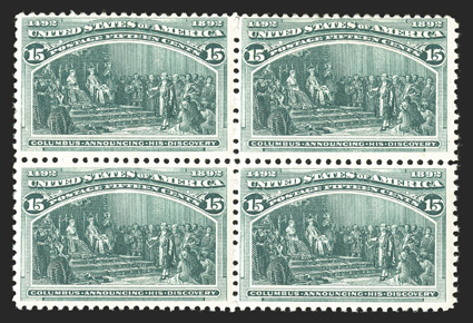 238, 15c Columbian, post office fresh mint block of four, rich color and sharp impression, pristine o.g., n.h., fine-very fine.