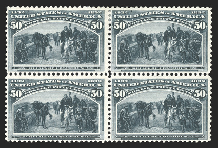 240, 50c Columbian, mint block of four, intense color, o.g., bottom stamps l.h., fresh and fine.