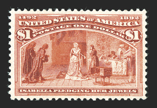 241, $1.00 Columbian, a gem mint single, boasting lavishly large and well balanced margins which are quite uncharacteristic of this difficult value, plus both its color and
impression are prooflike on clean fresh paper, while full and equal perf