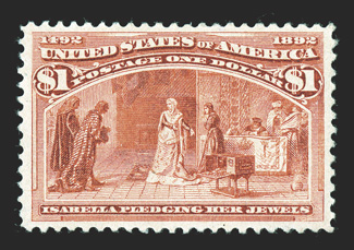 241, $1.00 Columbian, well centered within large margins, rich vibrant color and a strong detailed impression, o.g., lightly hinged, choice very fine 1991 PF certificate and a
2009 PSE certificate (VF-XF 85 SMQ $1,350.00).