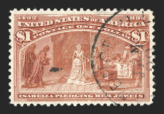 241, $1.00 Columbian, used, excellent centering, bright fresh color, light c.d.s. cancel, single creased perf. at top, otherwise extremely fine clear 1995 PF
certificate.