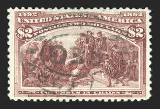 242, $2.00 Columbian, particularly well centered, deep rich color on fresh paper, light New York double oval registry postmark, extremely fine 1999 PF
certificate.