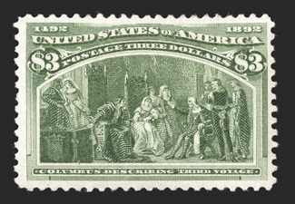 243, $3.00 Columbian, nicely centered within large margins, lovely rich color and a crisp impression, o.g., lightly hinged, very fine 2000 PF and 2003 PSE
certificates.