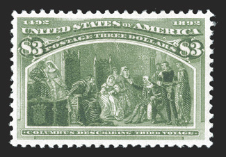 243, $3.00 Columbian, intensely rich color, uncommonly well centered and margined, o.g., a few faint thin specks, choice very fine appearance clear 1981 PF certificate and a
2010 PSE certificate.