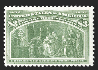 243, $3.00 Columbian, bright and fresh, o.g., lightly hinged, nearly very fine 2000 PF certificate.