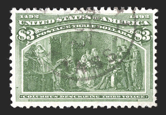 243, $3.00 Columbian, pleasing used single, with lovely fresh yellow green color on fresh white paper, quite well centered, desirable and unusual light town cancel, choice very
fine 1997 PF certificate.