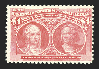 244a, $4.00 Columbian, the rose carmine shade, bright fresh color, o.g., never hinged (rarely offered thus), fine 2000 PF certificate.