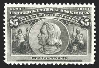 245, $5.00 Columbian, handsome mint single, exceptionally well centered within unusually large margins, warm rich color, o.g., relatively lightly hinged, extremely fine 2000 PF
certificate.