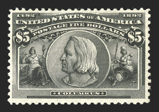 245, $5.00 Columbian, deep intense color and a prooflike impression, fairly well centered, o.g., lightly hinged, very fine 1997 APS and 2009 PSE certificates.