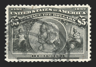 245, $5.00 Columbian, an outstanding used copy, possessing exquisite centering amid large margins, excellent color in a dark shade and a sharp detailed impression, light oval
cancel as well as a trace of a red transit marking, the latter being m