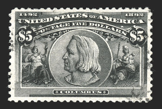 245, $5.00 Columbian, an especially choice used example that is the freshest and most lightly cancelled $5.00 Columbian we have seen in quite some time, featuring luxuriant
deep color and exceptionally sharp impression on brilliantly white paper