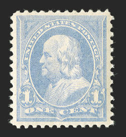 246, 1c Ultramarine, a fabulous mint single, being flawlessly centered within large margins, bright and fresh, unblemished o.g., n.h., an extremely fine gem 2010 PSE
certificate (Superb 98 SMQ $3,150.00).