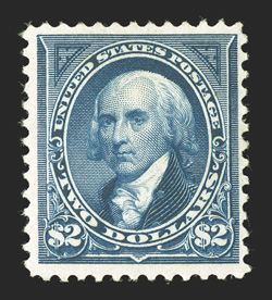 262, $2.00 Bright blue, deep luxuriant color and an especially intense impression on bright white paper, o.g., lightly hinged, two nearly imperceptible thin specks, very fine
appearance clear 1998 PSE certificate and a 2010 PF certificate.