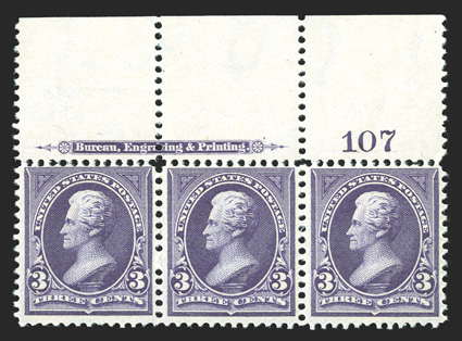 268, 3c Purple, top sheet-margin imprint and plate no. 107 strip of three, fresh and intact, o.g., n.h., fine.