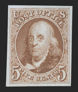 3, 5c Red brown reproduction, without gum as issued, large even margins around, wonderfully bright and fresh, extremely fine 2009 PSE certificate (XF 90 SMQ
$1,100.00).