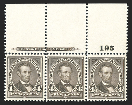 269, 4c Dark brown, handsome top sheet-margin imprint and plate no. 195 strip of three, well centered, o.g., l.h. in the ungummed selvage, the stamps n.h., very
fine.