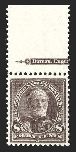 272, 8c Violet brown, top margin partial imprint single, excellent centering, strong rich color, o.g., n.h., extremely fine 1996 PSE certificate for the strip of three from
which this came.
