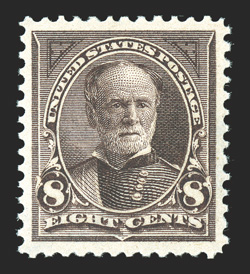 272, 8c Violet brown, an impressive mint single, boasting lavishly large and well balanced margins which are quite uncharacteristic of this, plus its color is sumptuously rich
and its impression is razor sharp, o.g., very lightly hinged, extreme