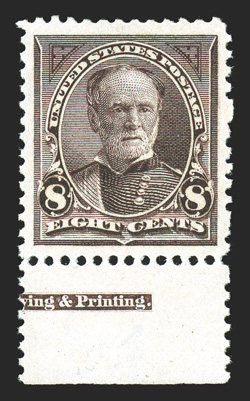 272, 8c Violet brown, a striking jumbo-margined bottom sheet-margin part imprint mint single, sporting margins that are not only lavishly large but equally balanced as well,
rich color and a razor sharp impression, o.g., l.h., extremely fine a