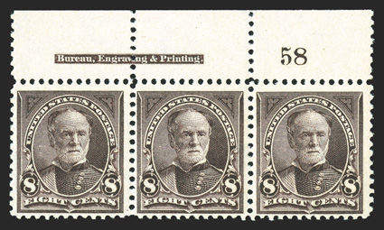 272, 8c Violet brown, top sheet-margin imprint and plate no. 58 strip of three, fresh and intact, o.g., n.h., fine.