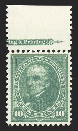 273, 10c Dark green, top margin partial imprint single, excellent centering within large margins, strong color and impression, pristine o.g., n.h., extremely fine 2006 PF
certificate.