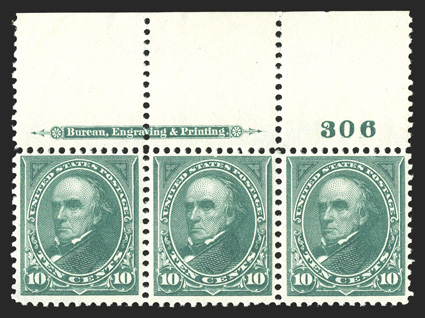273, 10c Dark green, attractive top sheet-margin imprint and plate no. 306 strip of three, well centered and very fresh, o.g., very lightly hinged, very fine.