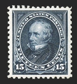 274, 15c Dark blue, perfectly centered within large margins, rich luxuriant color and a razor-sharp impression, o.g., lightly hinged, extremely fine and choice 2010 PSE
certificate (Superb 98 OGph SMQ $1,500.00) only one mint stamp (never hin