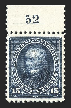 274, 15c Dark blue, top margin plate no. 52 single, prooflike color and impression on pristine white paper, o.g., n.h., very fine 2010 PSE certificate (F-VF 75 SMQ
$375.00).