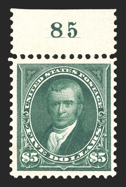 278, $5.00 Dark green, an especially handsome top margin plate no. 85 single, well centered within exceedingly large margins, beautiful rich color and an excellent impression
on fresh paper, o.g., lightly hinged, extremely fine 1995 PF certific