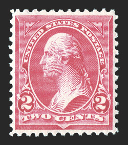 279Bc, 2c Rose carmine, Ty. III, especially well centered, vibrant color in this distinctive shade, o.g., lightly hinged, extremely fine 2002 PSE certificate (XF 90 SMQ
$500.00).