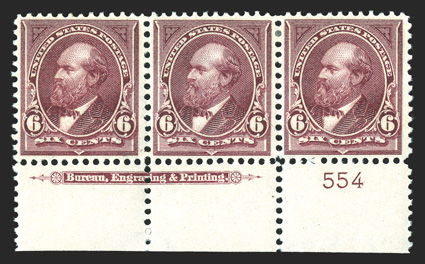 282, 6c Lake, bottom sheet-margin imprint and plate no. 554 strip of three, particularly well centered, o.g., l.h., very fine.