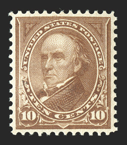 282C, 10c Brown, Ty. I, excellent centering within large margins, brilliantly rich color, o.g., lightly hinged, extremely fine 2010 PSE certificate (XF-Superb 95 OGph SMQ
$720.00).