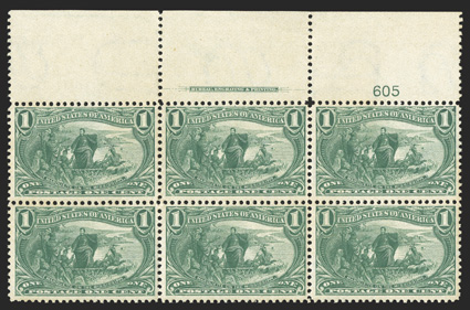 285, 1c Trans-Mississippi, full top margin imprint and plate no. 605 block of six, attractive color, o.g., n.h., nearly very fine.