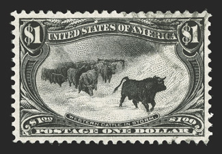 292, $1.00 Trans-Mississippi, a most impressive used example that is marvelously well centered within large balanced margins, deep color and impression, very light cancel,
extremely fine an outstanding quality used One Dollar Trans-Mississippi