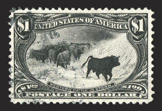 292, $1.00 Trans-Mississippi, used, exceedingly well centered within large margins, deep color and impression on fresh paper, unusually light cancel, barest trace of a small
crease, otherwise extremely fine clear 1991 PF certificate.