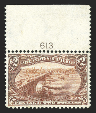 293, $2.00 Trans-Mississippi, impressive top margin plate no. 613 single, exceedingly well centered within particularly large margins for this value, wonderfully rich color and
a well defined impression on fresh paper, o.g., lightly hinged, extr