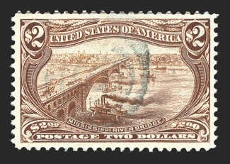 293, $2.00 Trans-Mississippi, an incredible quality used example of a stamp which is virtually impossible to find in such premium condition, possessing outstanding centering
amid margins which are truly huge for this notoriously tightly margined