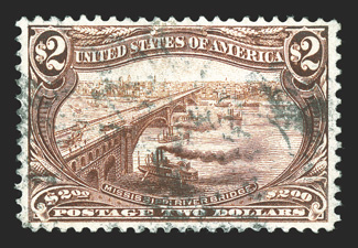 293, $2.00 Trans-Mississippi, impeccable used single, precisely centered within generous margins, deep rich color and sharp impression on fresh white paper, relatively lightly
cancelled, extremely fine 1998 PF and PSE certificates.