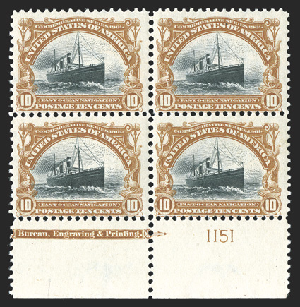 294-99, 1c-10c Pan-Americans cplt., fresh mint blocks of four, 10c with part imprint and plate no., o.g., two 1c l.h., three 4c and two 5c h.r., others all n.h., perfs. just
touch 8c and 10c, otherwise fine-very fine.