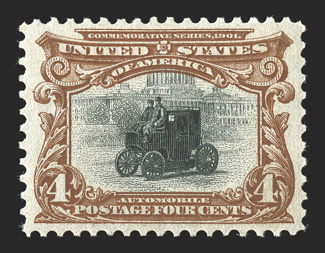 296, 4c Pan-American, an outstanding mint example of this difficult stamp, featuring flawless centering amid large balanced margins, sumptuously rich colors and well defined
impressions, o.g., n.h., extremely fine a gem Four Cent Pan American