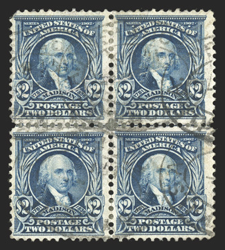 300-12, 1c-$2.00 Regular issue, used blocks of four, mostly well centered, occasional small fault including top pair of $2.00 with creases and 50c to $2.00 with some hinge
reinforced perf. separations, otherwise largely fine-very fine a difficu