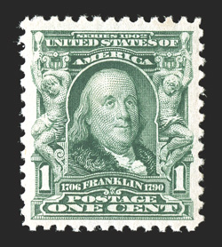 300, 1c Blue green, incredibly well centered within uncharacteristically wide margins, bright and fresh, o.g., n.h., an extremely fine gem 1999 PF certificate for a block of
four, this being the top right stamp.