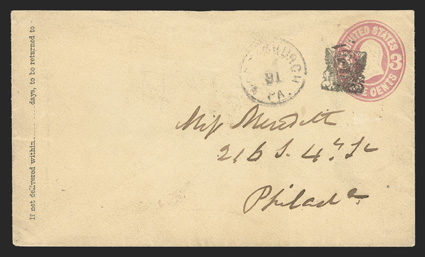 Fancy Eagle cancel of Harrisburgh, Pa., (S-E Pt-E19) sharp strike on 3c Pink on buff entire (U59), backflap missing, a very fine example of this scarce and popular fancy cancel
2009 PF certificate.